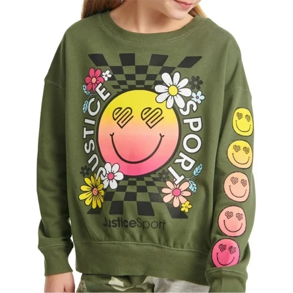 Justice Sport Olive Green Smiley Floral Sweatshirt Medium